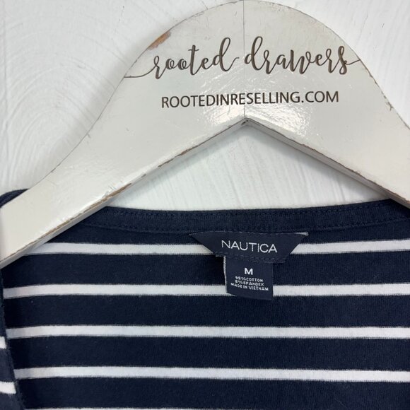 Nautica Striped T-Shirt Navy Blue White Short Sleeve Pullover Casual Grommets M - Picture 3 of 4